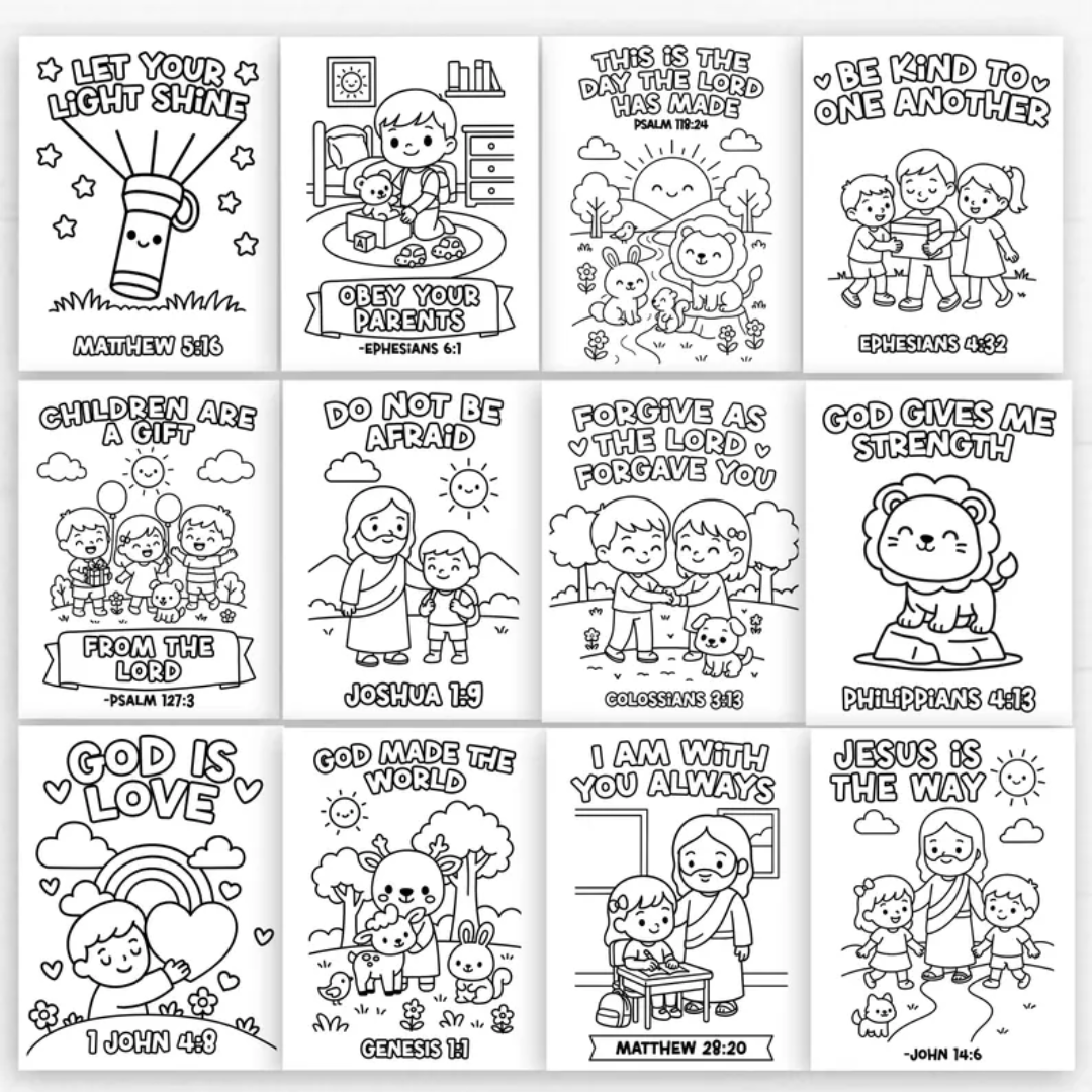 20 Bible Verse Coloring Pages for Kids – Christian Printable Scripture Activity Set - Instant Download for Kids Church, VBS, Sunday School