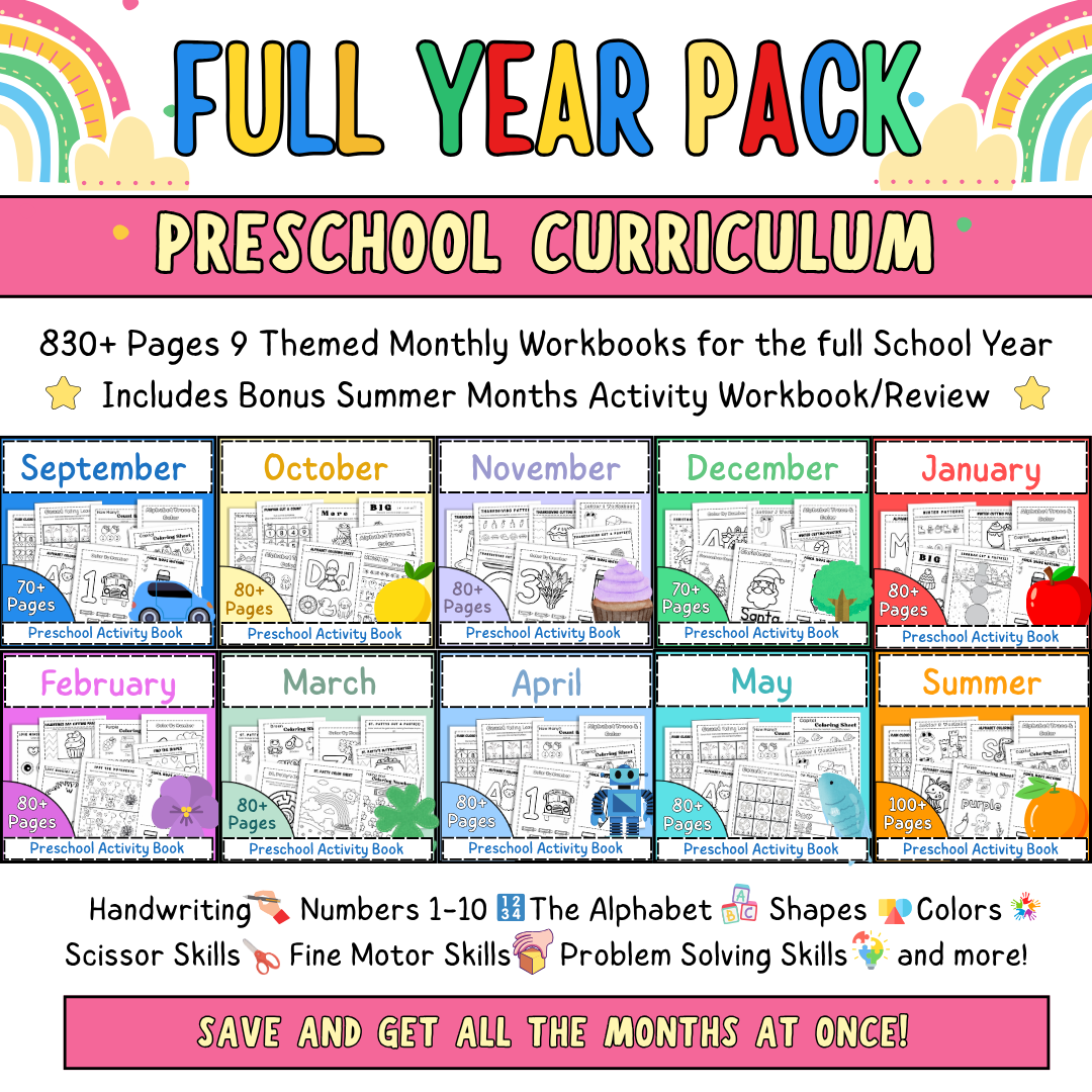Biblical Preschool Curriculum, 2-5 year olds, 36 weeks of Worksheets & Activities, Math, Coloring, Alphabet, Bible Lessons