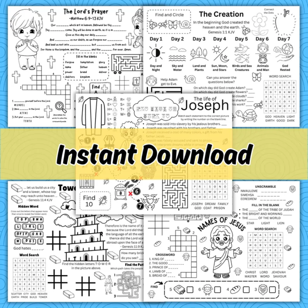 Bible Story Activity Placemat Bundle for Kids, 15 Printable Christian Bible Stories Activity Coloring Pages for Sunday School Church Lesson