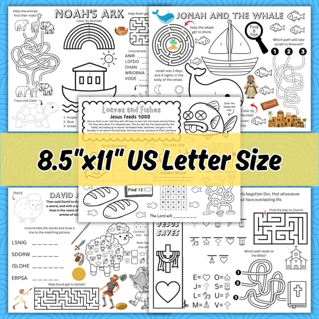 Bible Story Activity Placemat Bundle for Kids, 15 Printable Christian Bible Stories Activity Coloring Pages for Sunday School Church Lesson