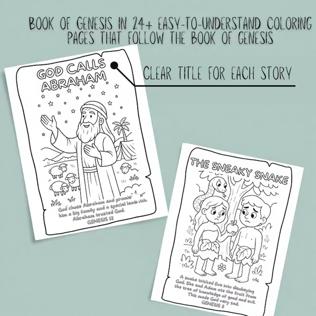 Genesis Bible Story Coloring Book: Christian Printable for Kids & Adults (PDF Downloadable Pages)