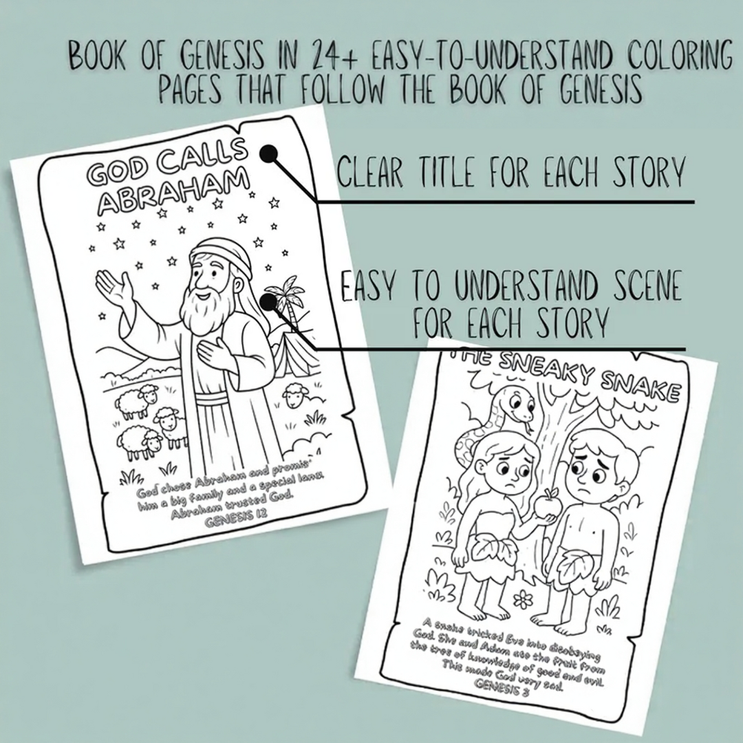 Genesis Bible Story Coloring Book: Christian Printable for Kids & Adults (PDF Downloadable Pages)