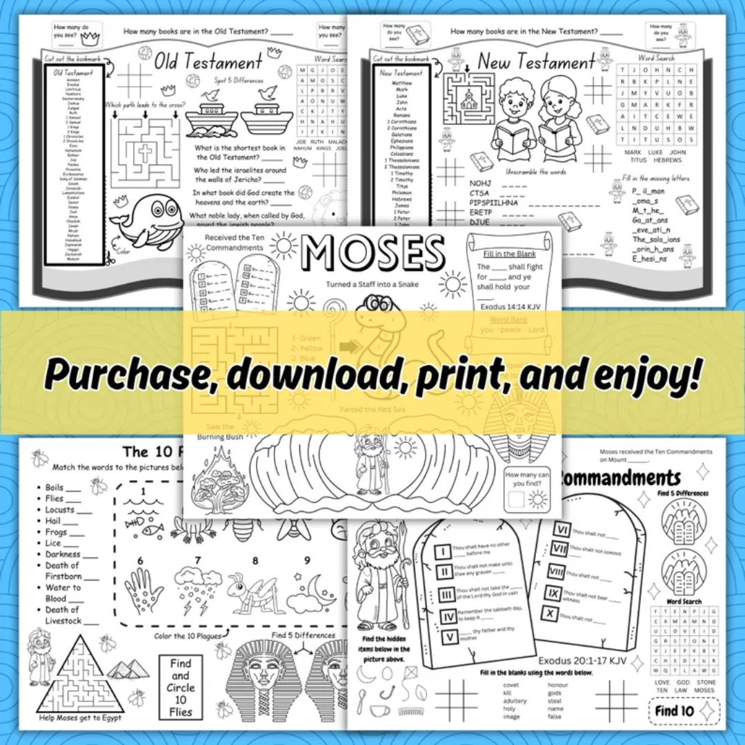 Bible Story Activity Placemat Bundle for Kids, 15 Printable Christian Bible Stories Activity Coloring Pages for Sunday School Church Lesson