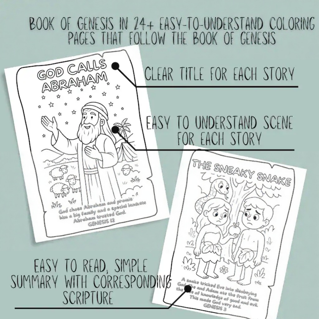 Genesis Bible Story Coloring Book: Christian Printable for Kids & Adults (PDF Downloadable Pages)